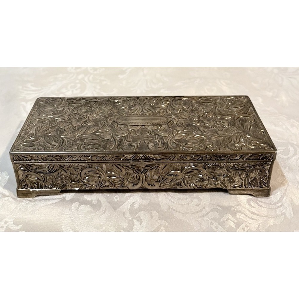 1992 Godinger Silver Jewelry Box Vtg  Floral Vine Heavy Storage Rectangle Baroqu